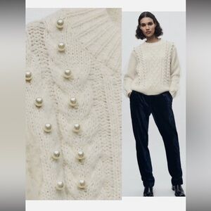 Zara Cream Cable Knit Sweater with Pearl and tulle Accents